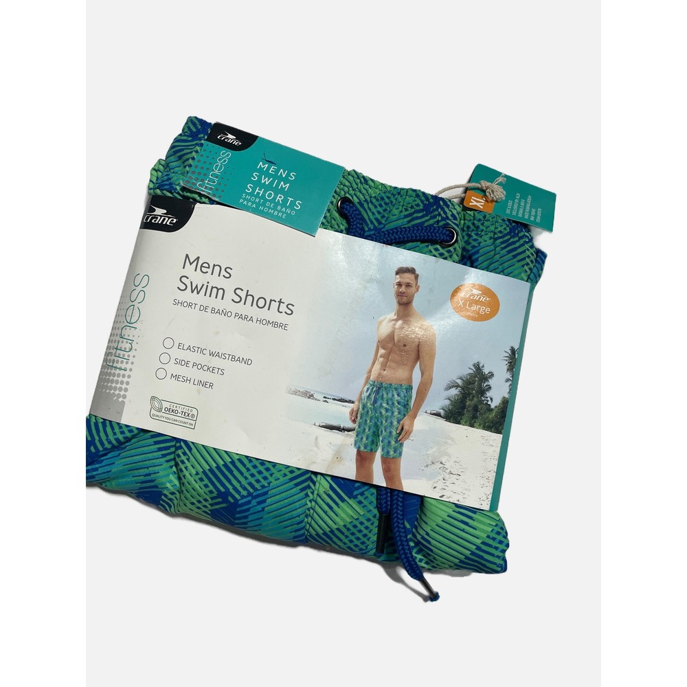 Crane Swim Shorts Mens XL Green Blue Geometric Mesh Liner Pockets Beach Trunks